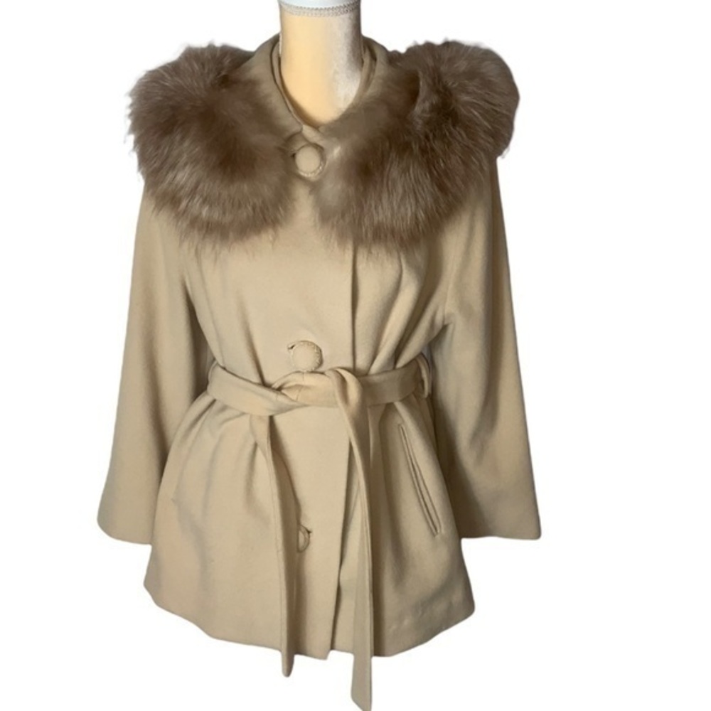 Vintage Maurice Original Tailored Wool Button Down Coat with Fox Fur Collar Lrg
